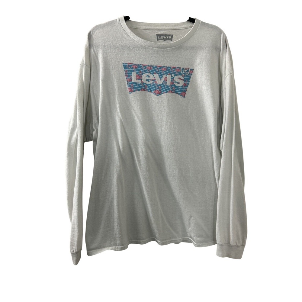 Levi Flamingo Logo Long Sleeve Tee XL White Cotton Graphic Batwing Skater Retro